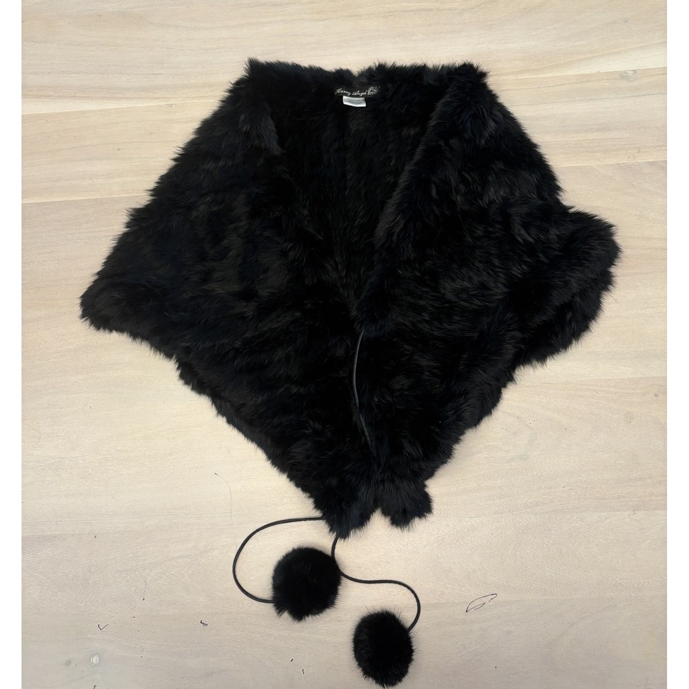 Harry Angel 100% Rabbit Fur Black Collar Scarf Wrap Stole with Pom Pom Ties